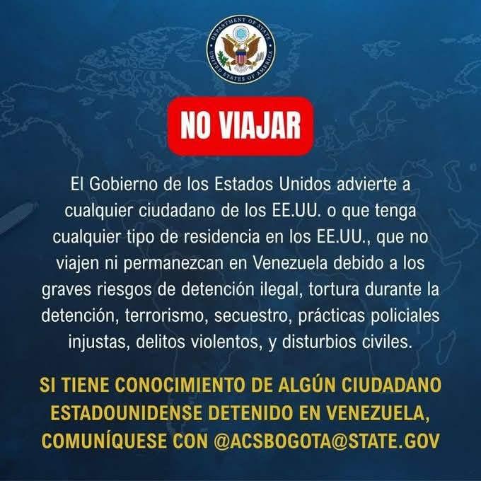 Estados Unidos insiste en “riesgos” de Venezuela: “detención ilegal, tōrtūrã y terrorismo”.