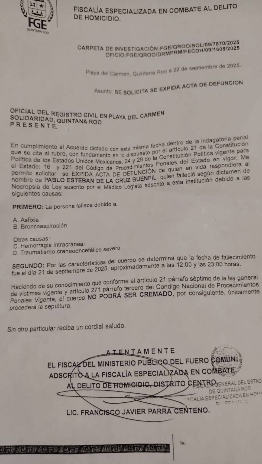 Asfixia por broncoaspiración, causa de muerte de un masculino detenido por alterar el orden público en Playa del Carmen.
