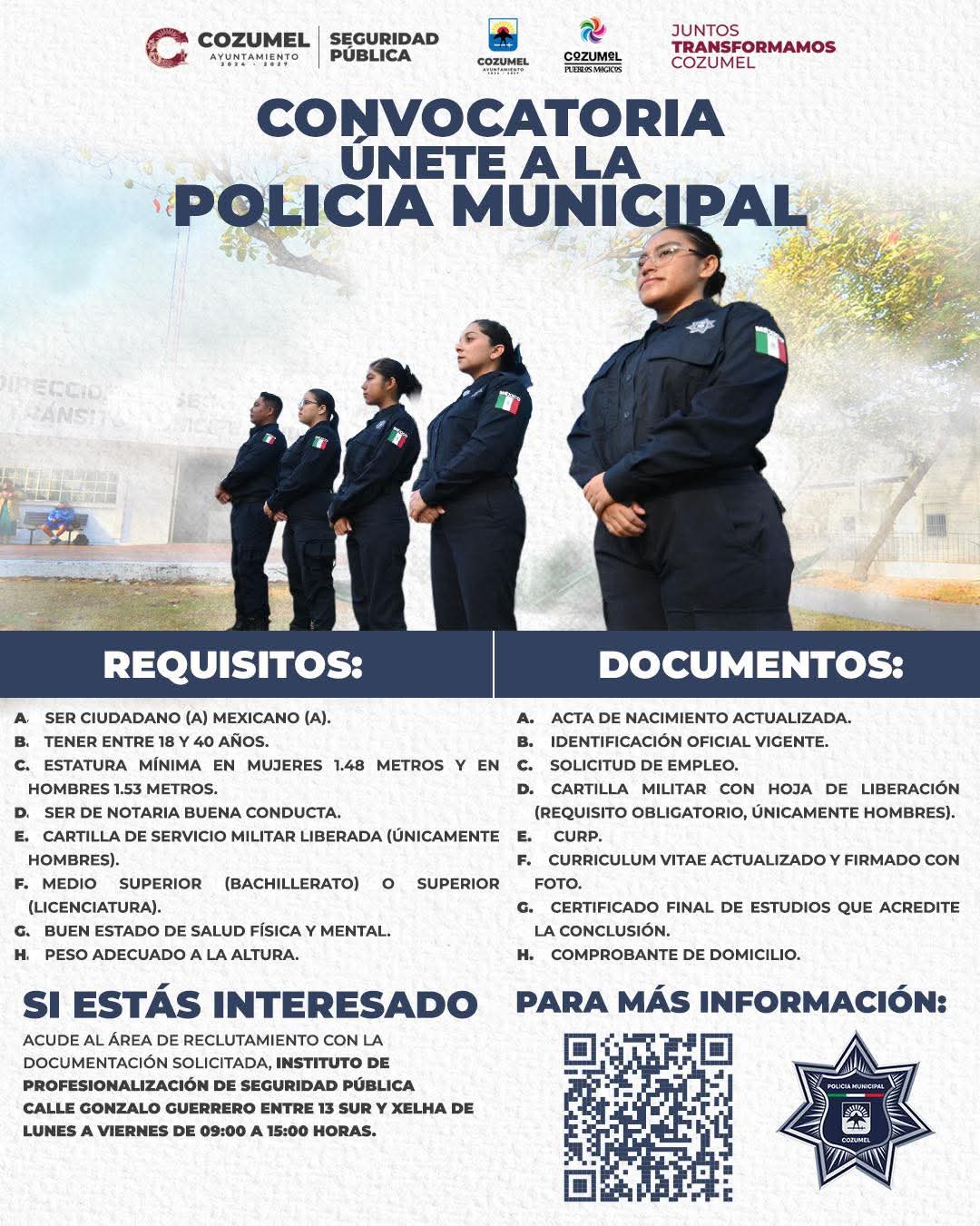 Seguridad Pública de Cozumel emite convocatoria 2026 para el reclutamiento de nuevos elementos policiales.