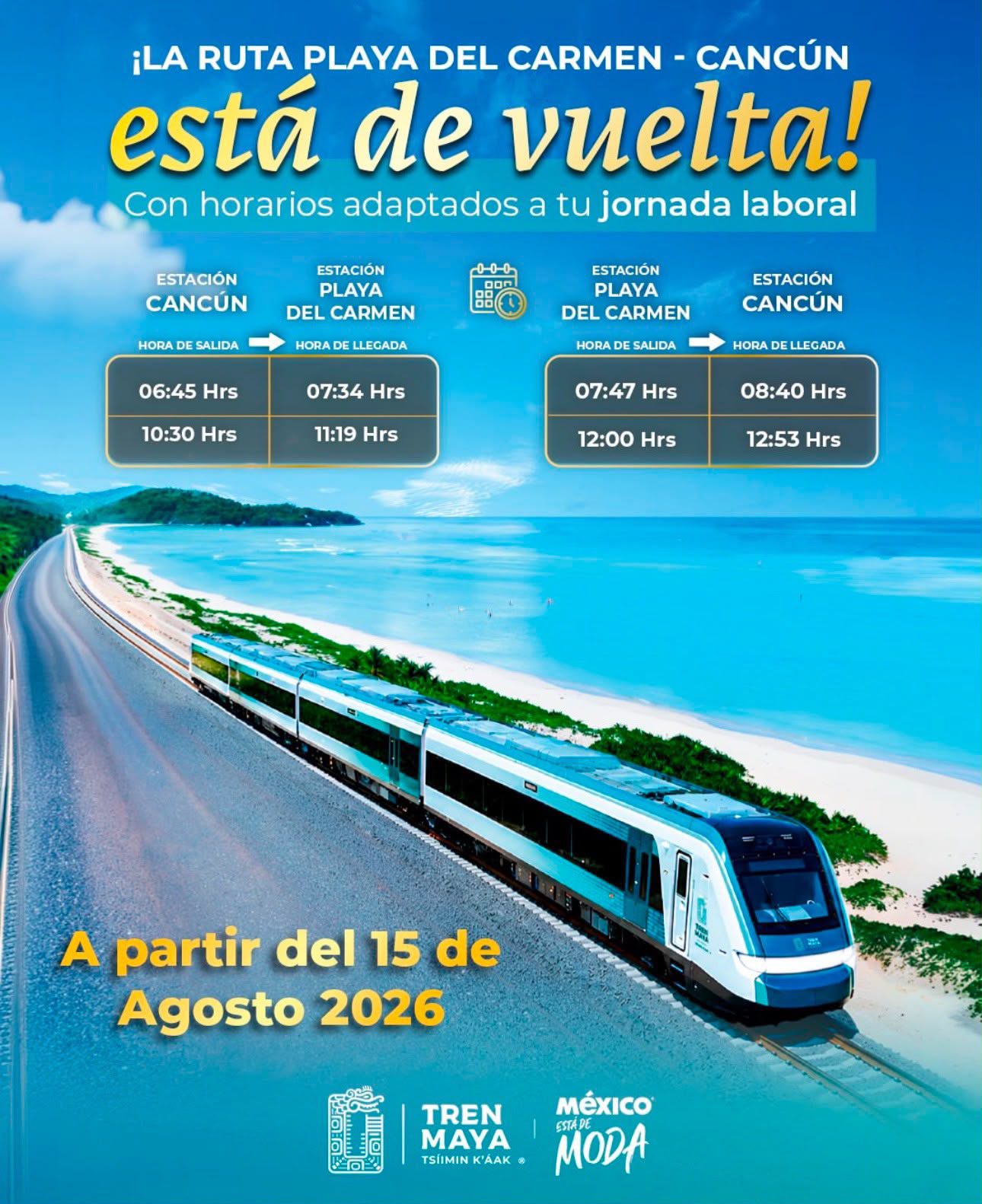 Regresa la ruta Cancún–Playa del Carmen del Tren Maya; anuncian también servicio intermodal
